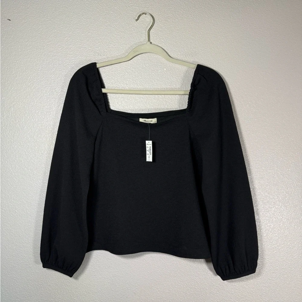 NWT Crepe Square-Neck Puff-Sleeve Top Black Small K15